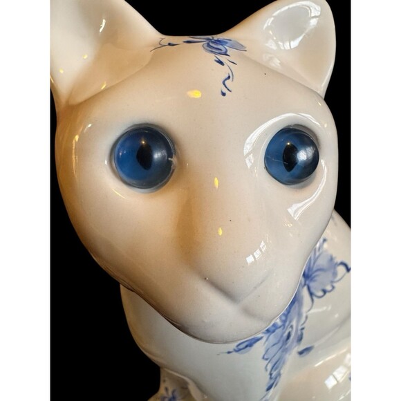 Ceramic Seated Cat Figurine Large 8.5”Floral Hand Painted Portugal Porcelain - Picture 9 of 11